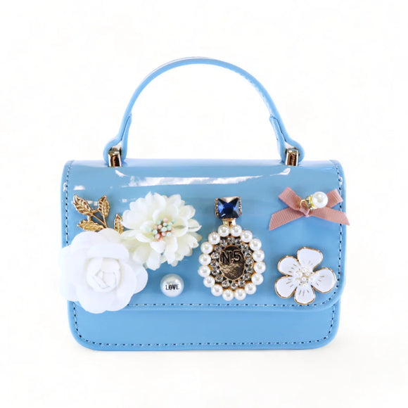Doe a Dear Floral and charms Patent Leather Purse Blue