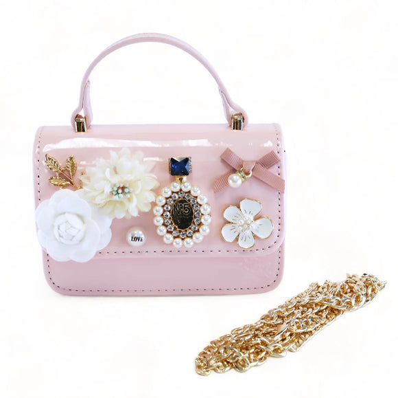 Doe a Dear Floral and Charms Patent Leather Purse Pink