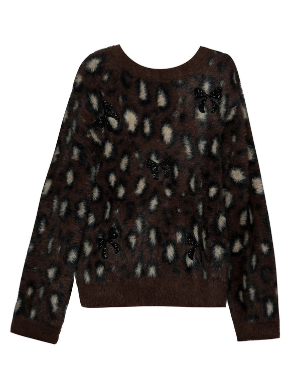 Hannah Banana Fuzzy Cheetah Sweater with Bow Applique