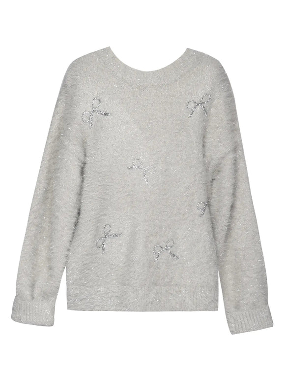 Hannah Banana Fuzzy Metallic Sweater with Sequin Bows