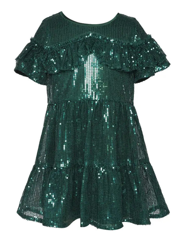 Baby Sara Sequined Tiered Dress with Shoulder Ruffle