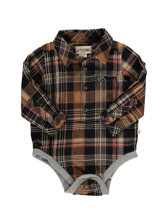Me and Henry Jasper woven Onesie in brown plaid