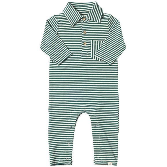 Me & Henry Kingston Polo Romper in Dark Green/White stripe