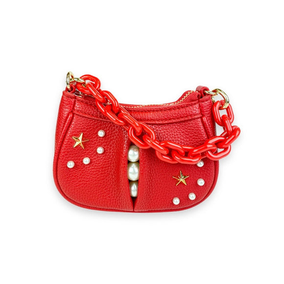 Doe a Dear Red Pearl Studs Mini Leather Purse